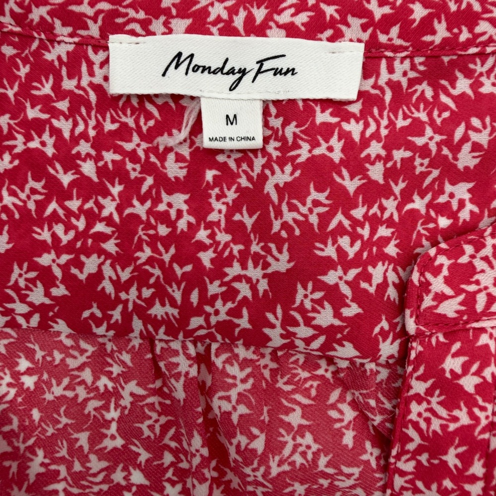 Monday Fun Red White Floral Bird Print Ruffle V-Neck Cap Sleeve Blouse Romance M